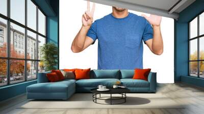 Handsome caucasian man wearing casual clothes showing and pointing up with fingers number seven while smiling confident and happy. Wall mural