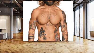 Handsome man with beard and long hair standing shirtless showing tattoos looking sleepy and tired, exhausted for fatigue and hangover, lazy eyes in the morning. Wall mural