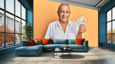 Handsome mature man holding swiss franc banknotes looking positive and happy standing and smiling with a confident smile showing teeth Wall mural