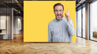 Handsome middle age elegant senior man wearing glasses over isolated background pointing finger up with successful idea. Exited and happy. Number one. Wall mural