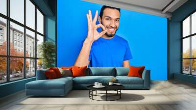 Hispanic man with beard wearing casual blue t shirt smiling positive doing ok sign with hand and fingers. successful expression. Wall mural