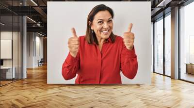 Hispanic mature woman standing over white background success sign doing positive gesture with hand, thumbs up smiling and happy. cheerful expression and winner gesture. Wall mural