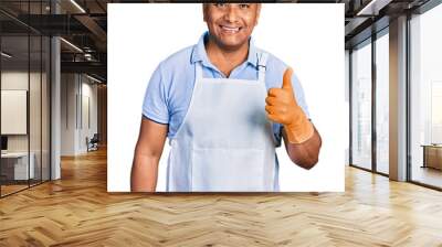 Hispanic middle age man wearing cleaner apron and gloves smiling happy and positive, thumb up doing excellent and approval sign Wall mural