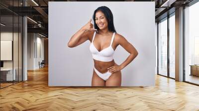 Hispanic woman wearing lingerie smiling doing phone gesture with hand and fingers like talking on the telephone. communicating concepts. Wall mural