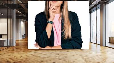 Hispanic young woman wearing business jacket and glasses with hand on chin thinking about question, pensive expression. smiling and thoughtful face. doubt concept. Wall mural