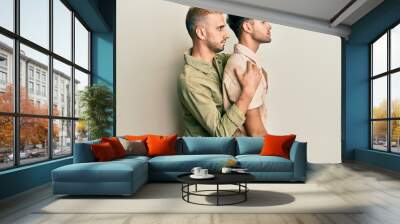 Homosexual gay couple standing together wearing casual jumpsuit looking to side, relax profile pose with natural face and confident smile. Wall mural