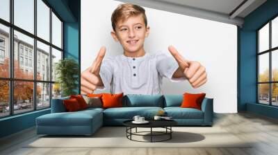 Little caucasian boy kid wearing casual clothes approving doing positive gesture with hand, thumbs up smiling and happy for success. winner gesture. Wall mural