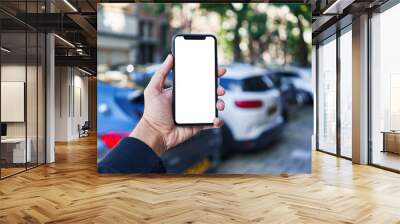 Man holding smartphone showing white blank screen at car parking Wall mural