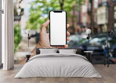 Man holding smartphone showing white blank screen at street Wall mural