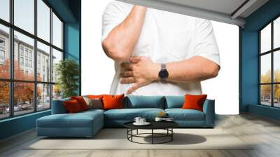 Middle age arab man wearig white t-shirt and sunglasses over isolated background thinking looking tired and bored with depression problems with crossed arms. Wall mural