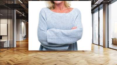 Middle age blonde woman wearing winter sweater over isolated background happy face smiling with crossed arms looking at the camera. Positive person. Wall mural