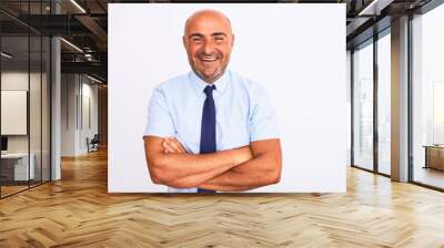 Middle age businessman wearing tie standing over isolated white background happy face smiling with crossed arms looking at the camera. Positive person. Wall mural