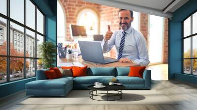 Middle age handsome businessman wearing tie sitting using laptop at the office doing happy thumbs up gesture with hand. Approving expression looking at the camera with showing success. Wall mural