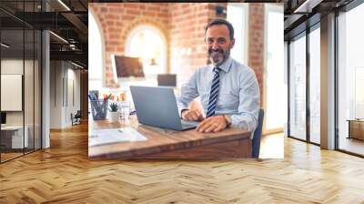 Middle age handsome businessman wearing tie sitting using laptop at the office with a happy and cool smile on face. Lucky person. Wall mural