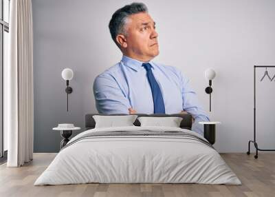 Middle age handsome grey-haired business man wearing elegant shirt and tie looking to the side with arms crossed convinced and confident Wall mural