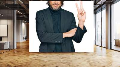 Middle age handsome man wearing business clothes smiling with happy face winking at the camera doing victory sign. number two. Wall mural