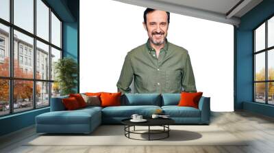 Middle age handsome man wearing casual green shirt over isolated white background with a happy and cool smile on face. Lucky person. Wall mural