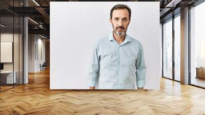 Middle age hispanic man with beard standing over isolated background relaxed with serious expression on face. simple and natural looking at the camera. Wall mural