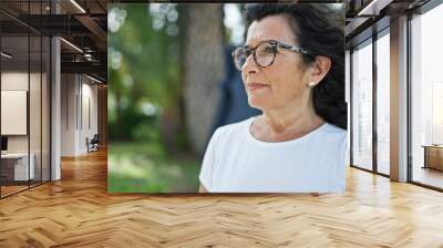 Middle age hispanic woman looking to the side with serious expression at park Wall mural