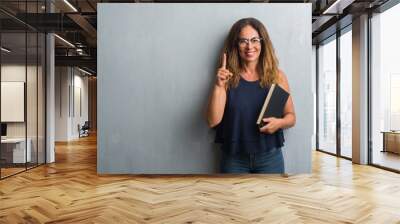 Middle age hispanic woman standing over grey grunge wall holding a book surprised with an idea or question pointing finger with happy face, number one Wall mural