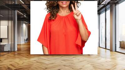 Middle age hispanic woman wearing casual clothes smiling with happy face winking at the camera doing victory sign. number two. Wall mural