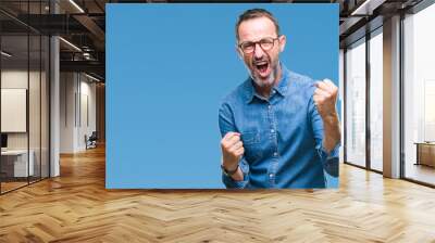 Middle age hoary senior man wearing glasses over isolated background very happy and excited doing winner gesture with arms raised, smiling and screaming for success. Celebration concept. Wall mural