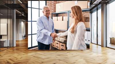 Middle age man and woman ecommerce business workers shake hands at office Wall mural