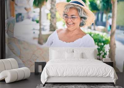 Middle age tourist woman with grey hair looking at city map on a summer trip on holidays Wall mural