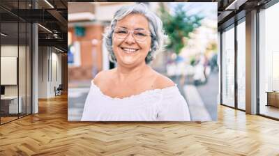 Middle age woman with grey hair smiling happy outdoors Wall mural