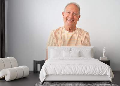 Senior grey-haired man wearing striped t-shirt standing over isolated white background happy face smiling with crossed arms looking at the camera. Positive person. Wall mural