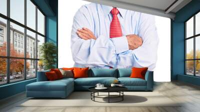 Senior handsome grey-haired man wearing elegant tie and shirt skeptic and nervous, disapproving expression on face with crossed arms. negative person. Wall mural