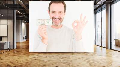 Senior man holding twenty dollars bank note over isolated background doing ok sign with fingers, excellent symbol Wall mural