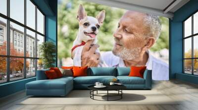 Senior man smiling confident hugging chihuahua at park Wall mural