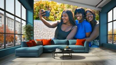 Three african american friends smiling happy making selfie by the smartphone at the park. Wall mural