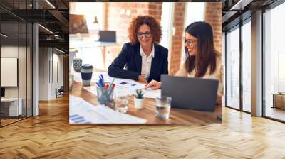 Two beautiful businesswomen smiling happy and confident. Sitting with smile on face working together using laptop at the office Wall mural