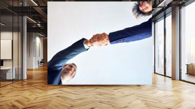 Two businessmen smiling happy and confident. Standing with smile on face shaking hands for agreement at the office. Wall mural