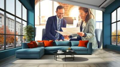 Two middle age business workers smiling happy and confident. Working together with smile on face reading documents at the office Wall mural