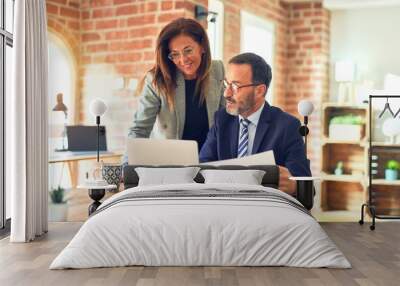 Two middle age business workers smiling happy and confident. Working together with smile on face using laptop at the office Wall mural