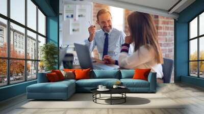 Two middle age business workers smiling happy and confident. Working together with smile on face using laptop at the office Wall mural