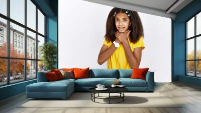 Young african american girl standing over white isolated background shouting and suffocate because painful strangle. health problem. asphyxiate and suicide concept. Wall mural