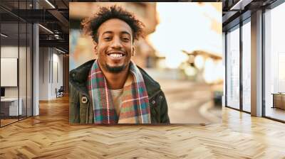 Young african american man smiling happy standing at the city Wall mural