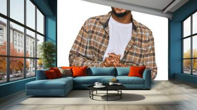 Young african american man with beard wearing casual clothes and glasses with hands together and crossed fingers smiling relaxed and cheerful. success and optimistic Wall mural