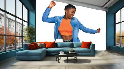 Young african american woman wearing casual clothes dancing happy and cheerful, smiling moving casual and confident listening to music Wall mural