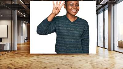 Young african american woman wearing casual clothes showing and pointing up with fingers number four while smiling confident and happy. Wall mural