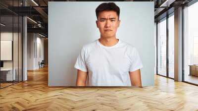 Young asian chinese man wearing t-shirt standing over isolated white background depressed and worry for distress, crying angry and afraid. Sad expression. Wall mural