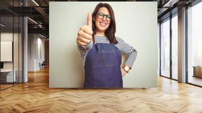 Young beautiful business woman wearing store uniform apron over isolated background doing happy thumbs up gesture with hand. Approving expression looking at the camera with showing success. Wall mural