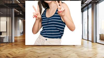 Young beautiful caucasian girl wearing casual clothes and glasses smiling looking to the camera showing fingers doing victory sign. number two. Wall mural