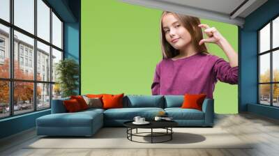 Young beautiful girl over isolated background smiling and confident gesturing with hand doing size sign with fingers while looking and the camera. Measure concept. Wall mural