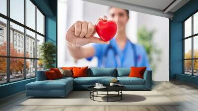 Young beautiful hispanic woman doctor smiling confident holding heart at clinic Wall mural