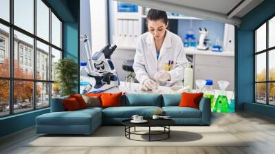 Young beautiful hispanic woman scientist mixing sample at laboratory Wall mural